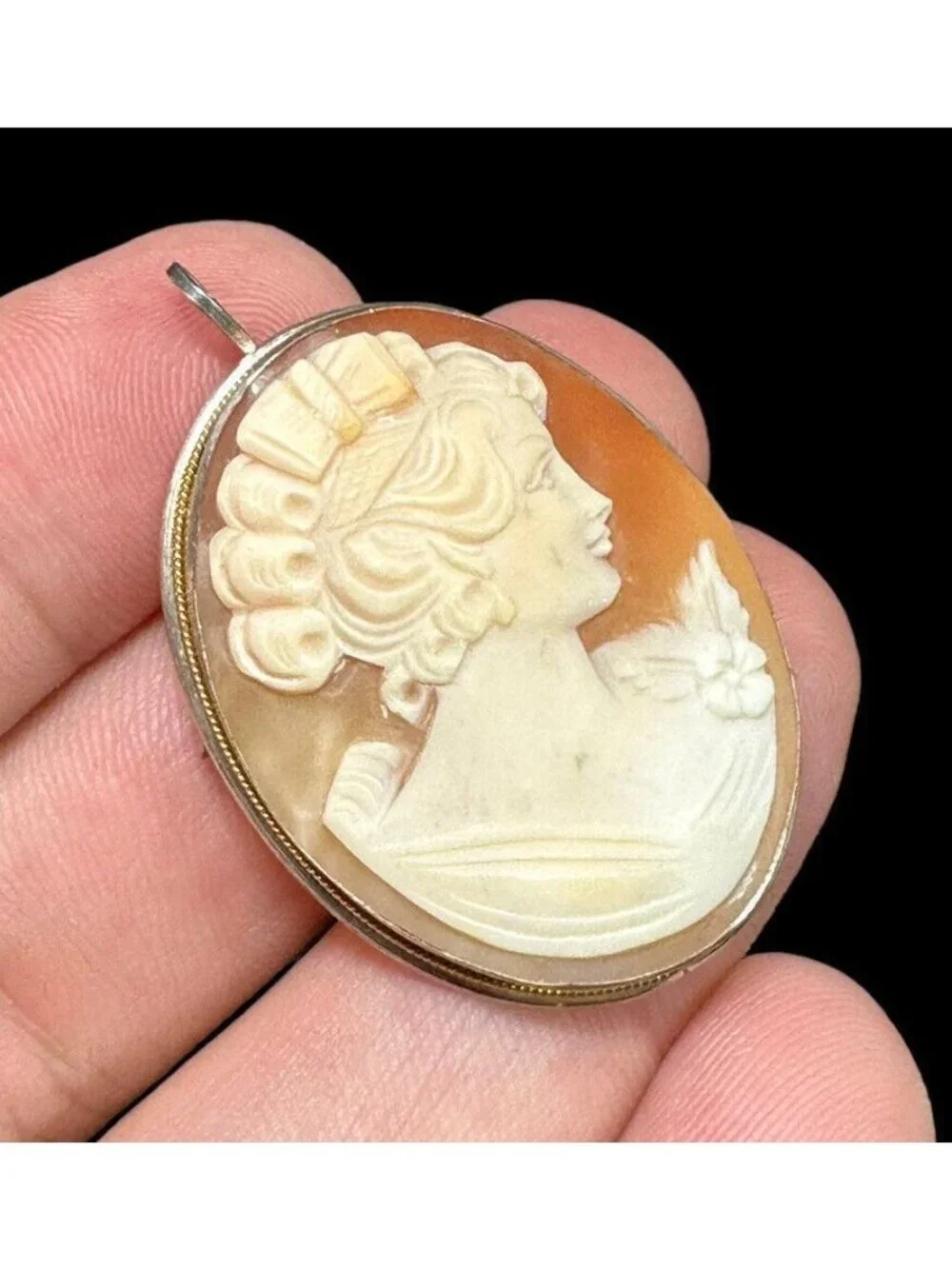 Vintage 900 Silver Cameo Brooch Pendant Carved Shell Pretty Woman Fine Jewelry
